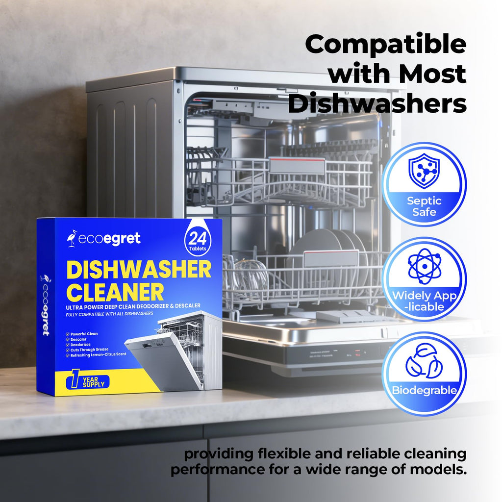 EcoEgret Dishwasher Cleaner Tablets (24 Count) - with Fresh Lemon Scent Dishwasher Cleaner and Deodorizer, Deep Cleans & Descales, Fits All Dishwashers, Septic Safe, 12 Month Supply