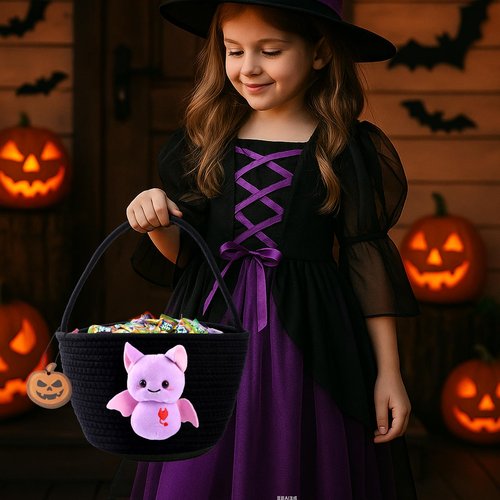 Qinthory Halloween Candy Basket for Kids – Cotton Rope Trick or Treat Bag with Black Cat Design, Reusable Halloween Candy Bucket for Boys and Girls (purple)