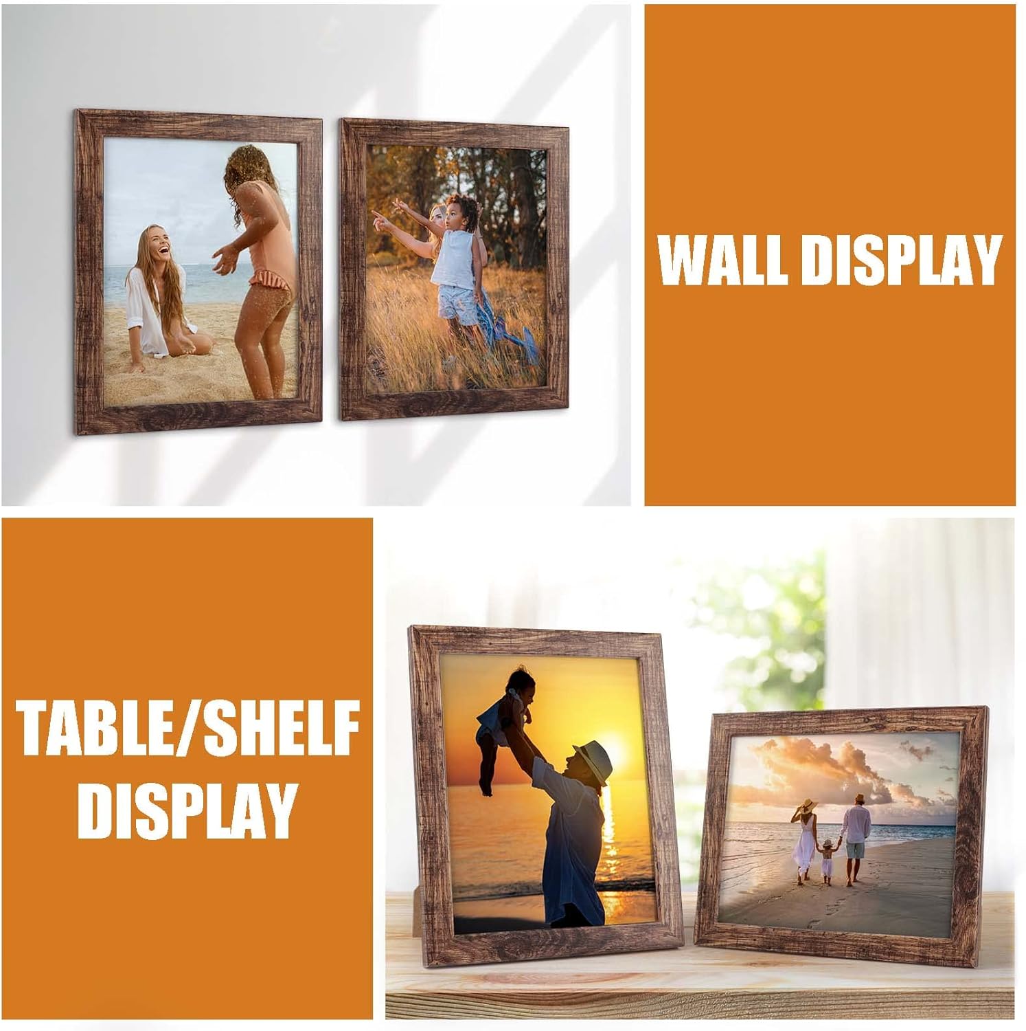 PETAFLOP 8x10 Picture Frame Set of 7 - Rustic Wall & Tabletop Display for 8x10 Photos