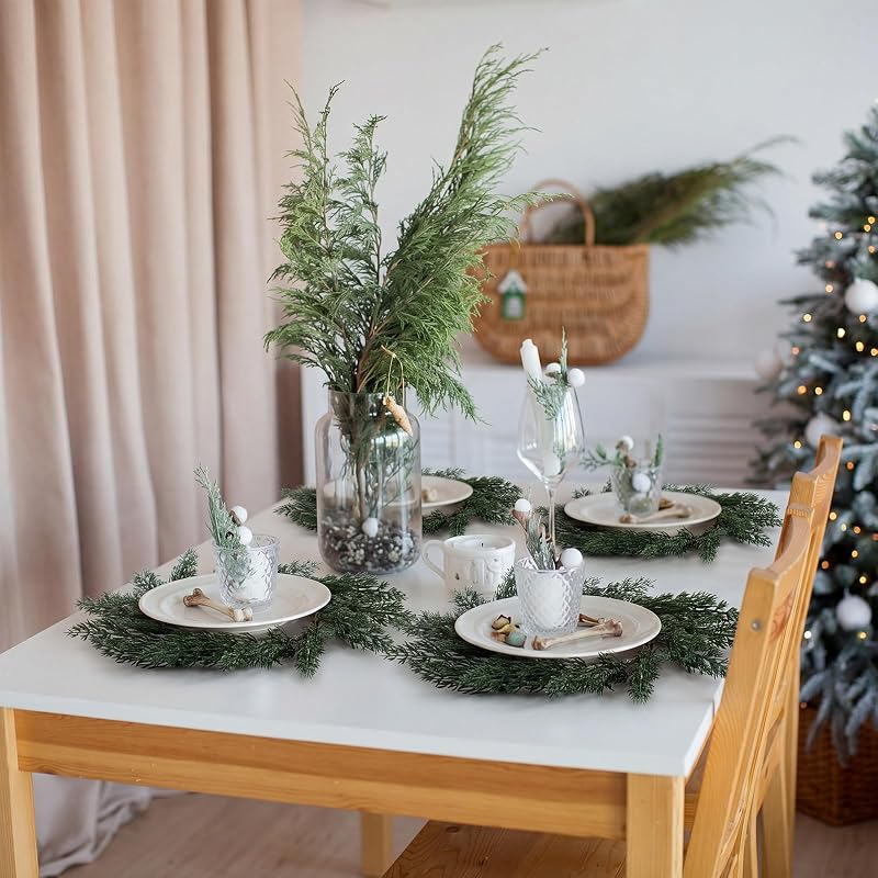 Christmas Placemat Set of 6 Artificial Pine Needle Wreath Round Mats – 26cm Center 40cm Edge, 6+ Soft Pine Needles