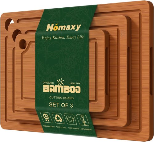 Homaxy Bamboo Cutting Board Set - 3 Wooden Boards with Non-Slip Mats & Deep Juice Groove | Ideal for Meat, Fruits & Vegetables