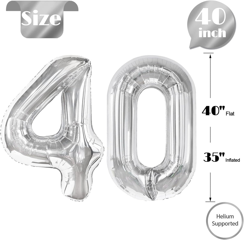 Silver Number 40 Balloon - 40-Inch Metallic 40th Birthday Decoration for Kids & Adults