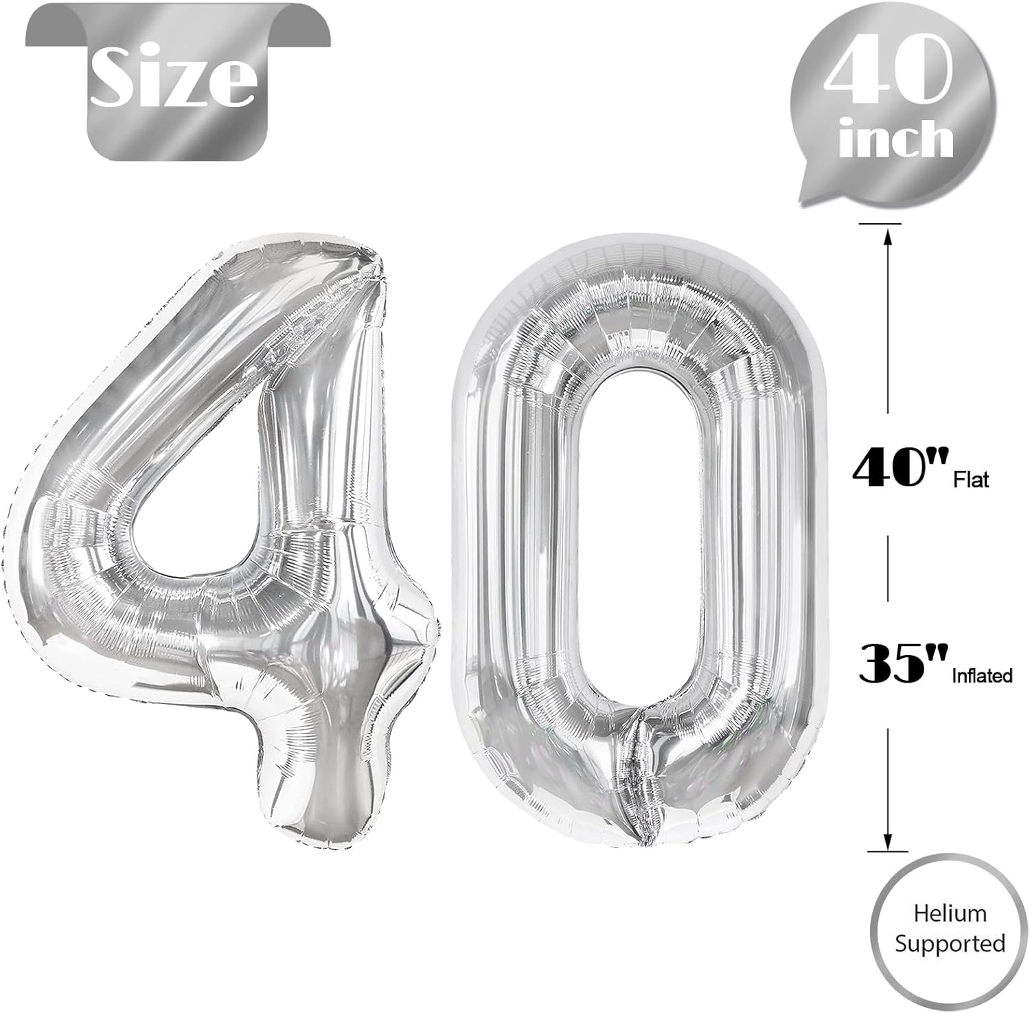 Silver Number 40 Balloon - 40-Inch Metallic 40th Birthday Decoration for Kids & Adults