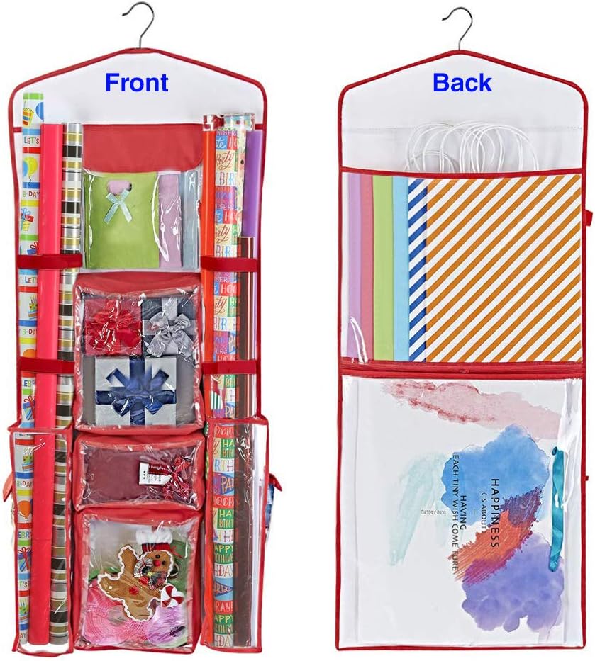 Primode Wrapping Paper Storage - Double-Sided Gift Wrap Organizer with Pockets for Accessories | 40”x17” Clear PVC Bag (Red)