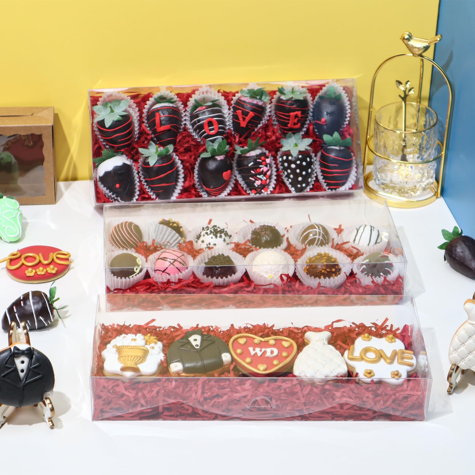 RomanticBaking 20Pcs 12x5x2Inches Clear Easter Cookies Boxes Chocolate Covered Strawberries Boxes for 12 Plastic Truffle Box Bakery Cakesickle Gift Box for Christmas Valentine's