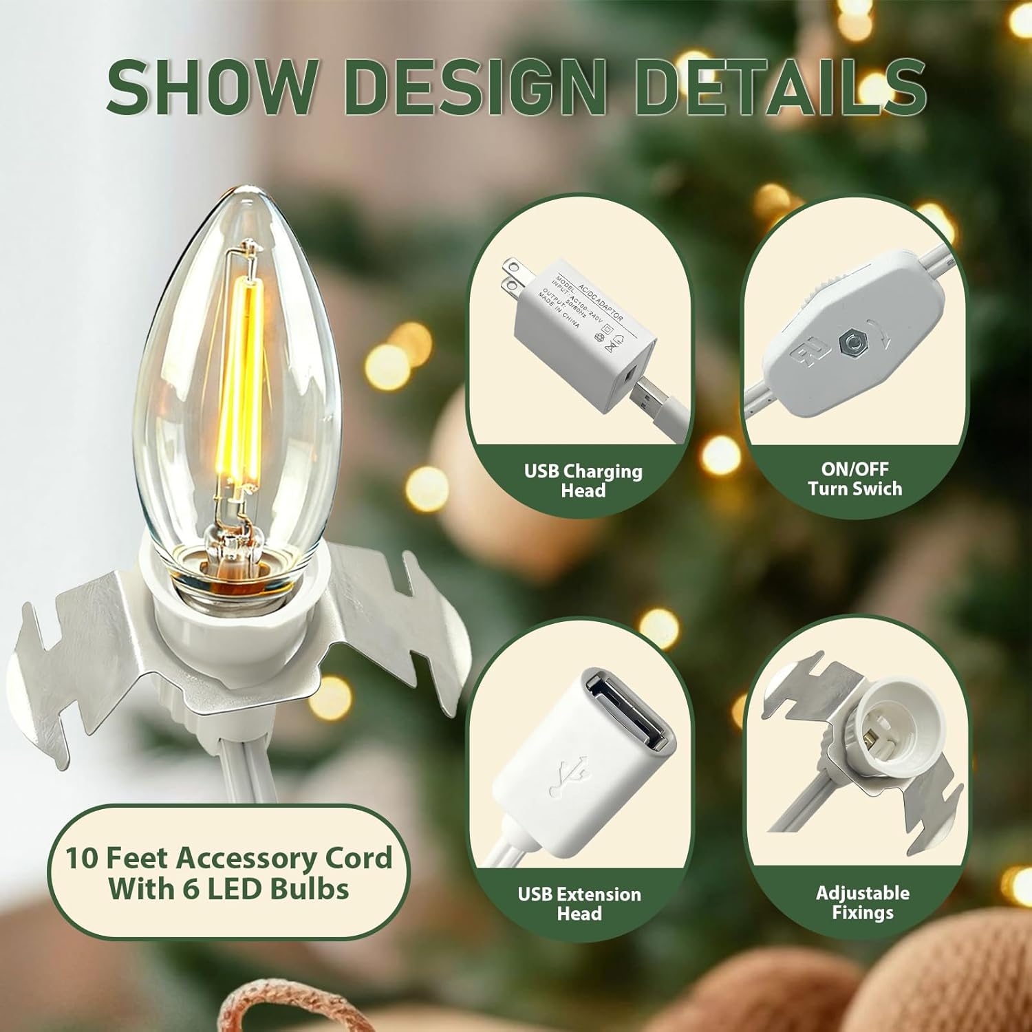 USB 5V LED Light Accessory Set by Department 56 - 6 Lights for Halloween & Christmas Decor | 9.8ft White Cord