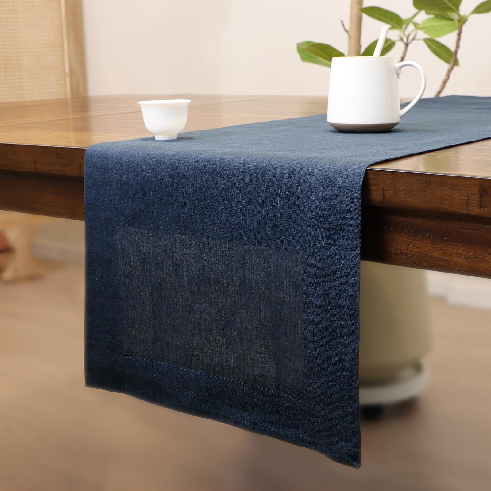 Tseapeni Linen Table Runner 108 Inches Long, 100% Natural Table Runners for Coffee Table Kitchen Dining Dresser Fall Thanksgiving Christmas New Year Holiday(Navy Blue,14x108)