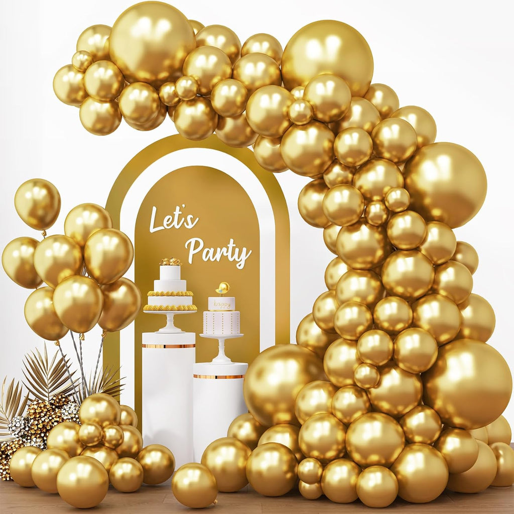 RUBFAC Metallic Gold Balloon Garland Kit - 154pcs in Various Sizes for Birthday, Graduation & Wedding Decor