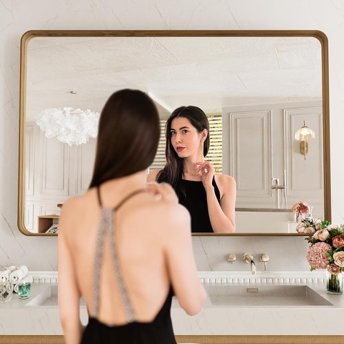 LOAAO Bathroom Mirror - 55X30 Inch Rounded Rectangle Design with Wood Grain Metal Frame | Anti-Rust, Versatile Hanging Options