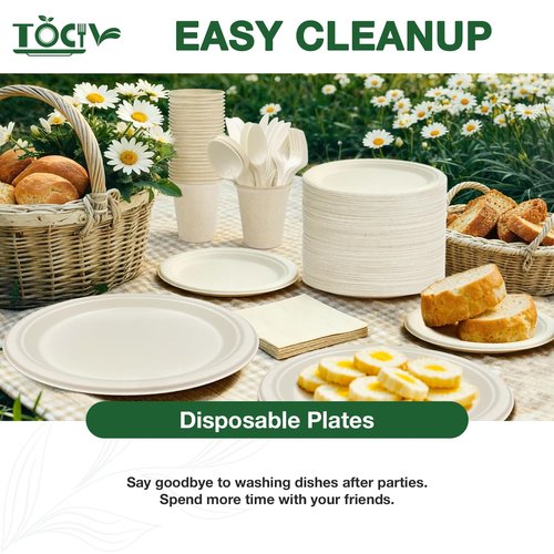 350PCS Compostable Paper Plates and Napkins Cups 10 & 7 Inch Disposable Heavy Duty Dinner Dessert Sturdy Plates and Utensils (Serve 50) Party Supplies Eco-friendly Dinnerware Set for Birthday Holiday