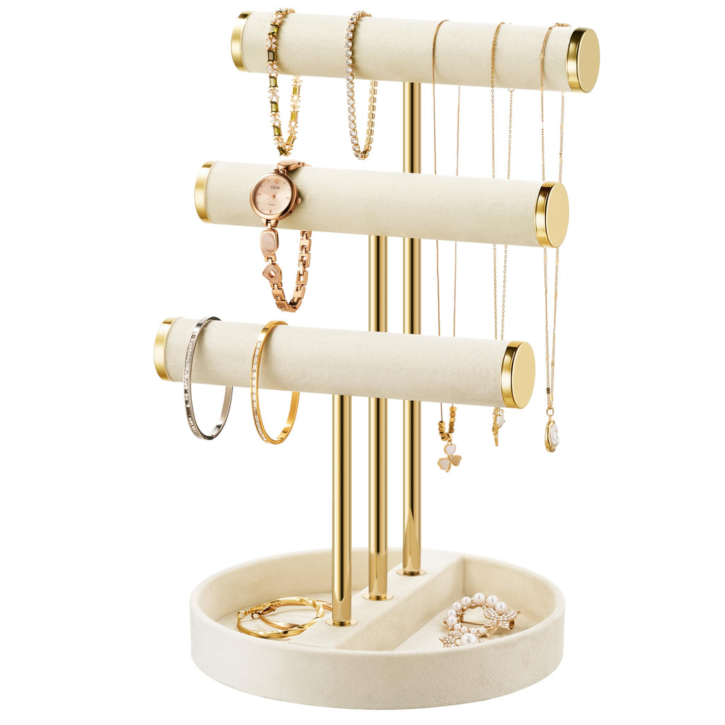 bussdis Bracelet Holder Jewelry Organizer Display - 3 Tier T Bar Velvet Stand, Beige Necklace Holder Organizer, Bracelet Holder, Earring Holder and Ring Display for Jewelry Organizers and Storage