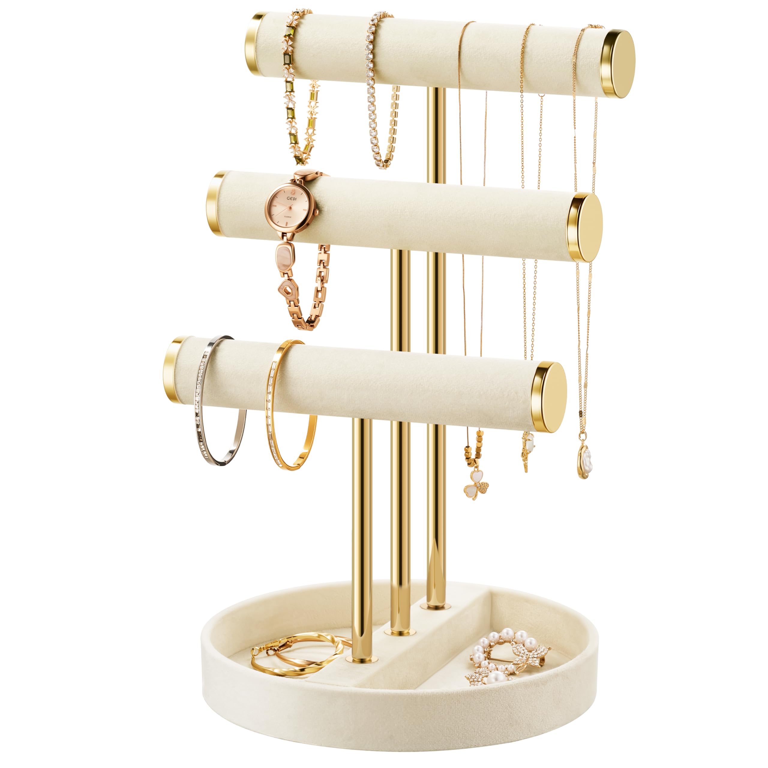 bussdis Bracelet Holder Jewelry Organizer Display - 3 Tier T Bar Velvet Stand, Beige Necklace Holder Organizer, Bracelet Holder, Earring Holder and Ring Display for Jewelry Organizers and Storage