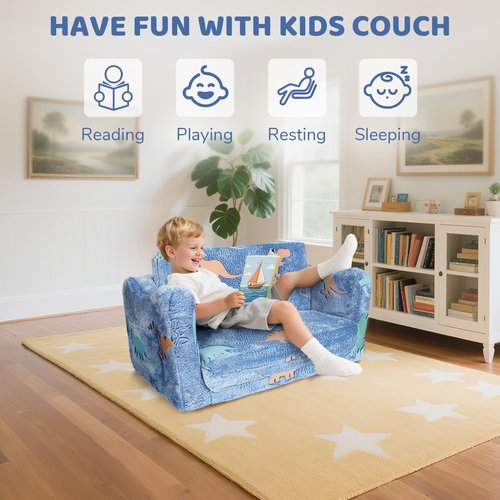 Abdtech Toddler Couch for Kids - 2-in-1 Soft Plush Kids Fold Out Couch - Glow in The Dark Toddler Chairs Comfy with Pillow - Convertible Sofa to Lounger for Boys ＆ Girls
