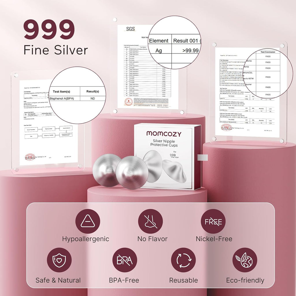 Momcozy 999 Silver Nipple Shields - Hole-Free Design for Breastfeeding Essentials | Regular Size
