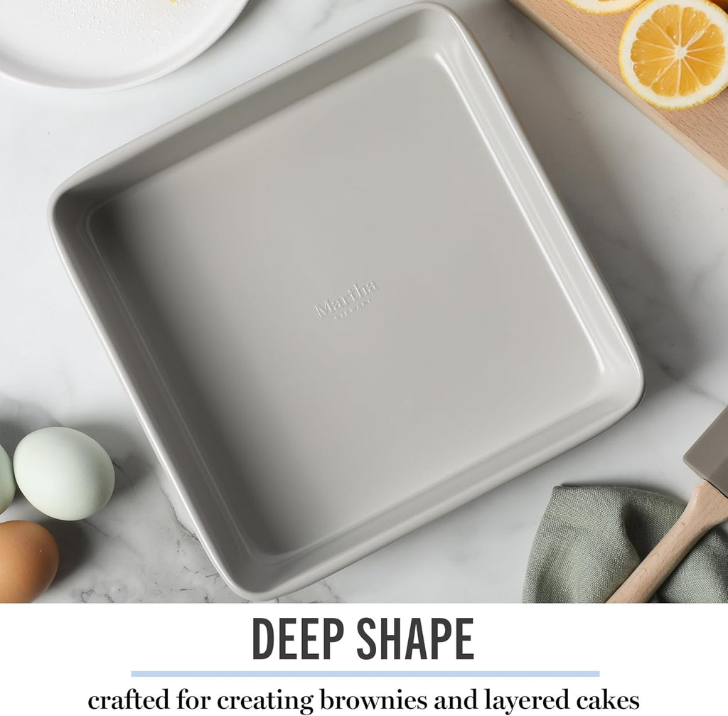 Martha Stewart Gallen 9-Inch Square Nonstick Cake Pan - Durable Carbon Steel for Even Baking, Cool Grey