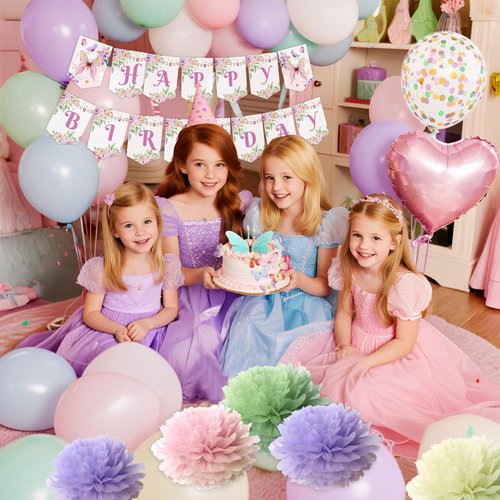 Fairy Birthday Party Decorations Set, Fairy Themed Party Decorations, Green Purple Pink Yellow Balloons Butterfly Banner for Birthday Decorations Spring Tea Party