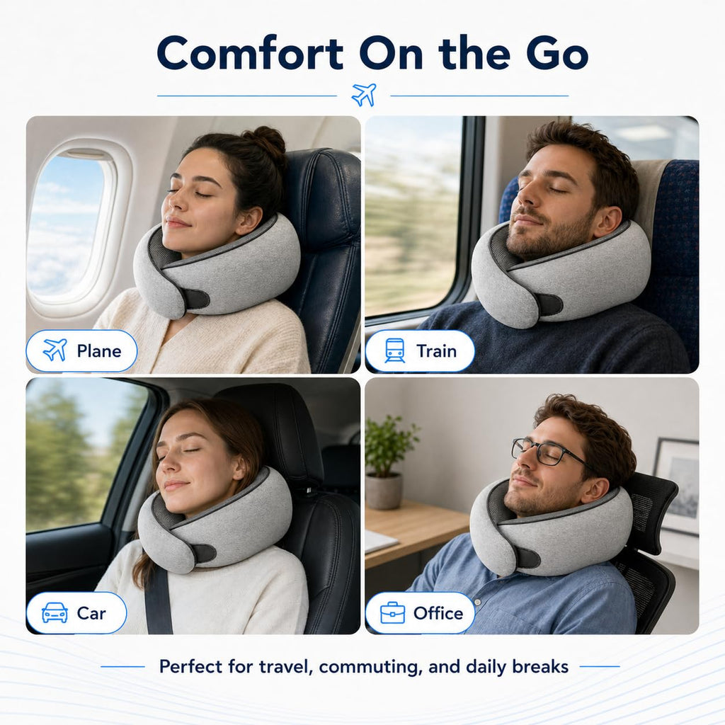 Purroch G-Shape Memory Foam Travel Neck Pillow - 100% Pure Foam Ergonomic Support with Eye Mask & Ear Plugs for Airplane Flights, Car Trips & Office Naps, Beige Gray