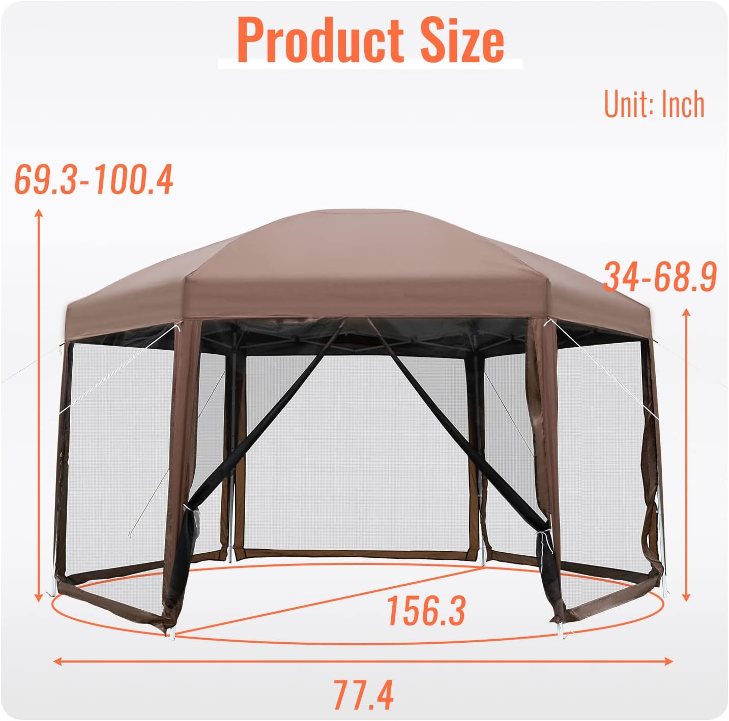 PayLessHere 13x13ft Hexagonal Gazebo Tent - Waterproof Pop-Up Screen House with Mosquito Netting | Portable & Adjustable Height for Outdoor Use, Brown