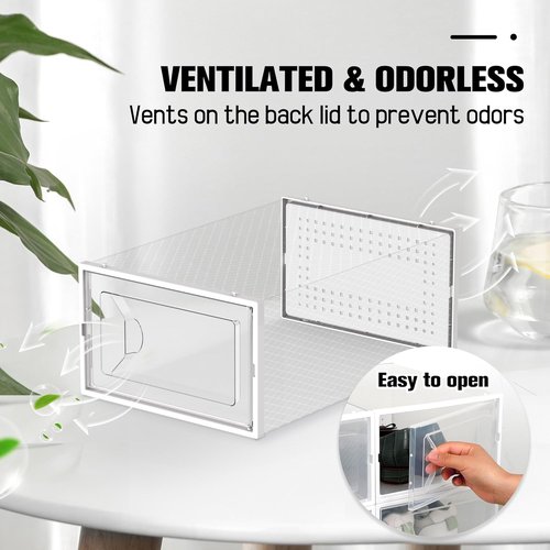 Kuject Shoe Storage Boxes - 15 Pack Large Clear Stackable Organizers for Closet | Drop Front Design, Fits Size 10 (White)