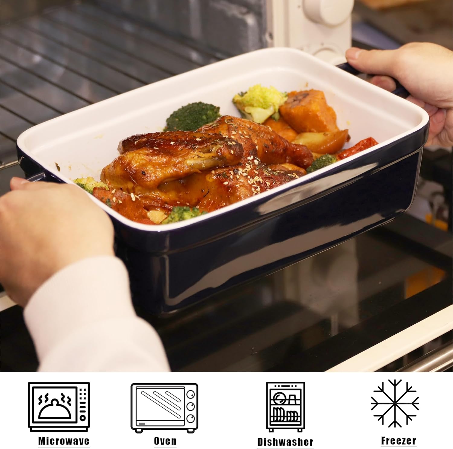 Skiennix Baking Pan - Deep Ceramic Lasagna Dish with Handles & Lid | Navy Blue, 3.1 Quarts