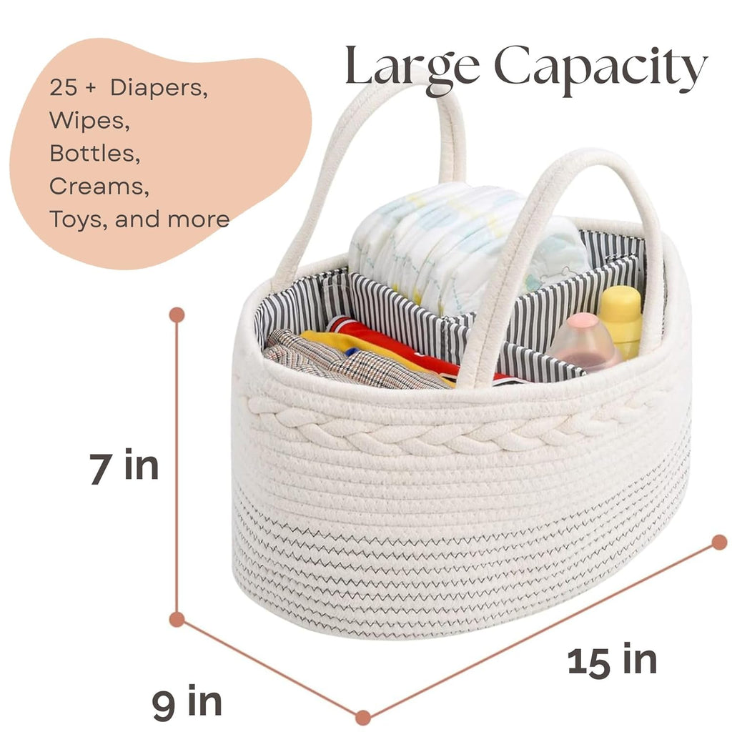 Skiennix Diaper Caddy Organizer - Large Cotton Rope Baby Basket for Nursery & Changing Table (Off White)
