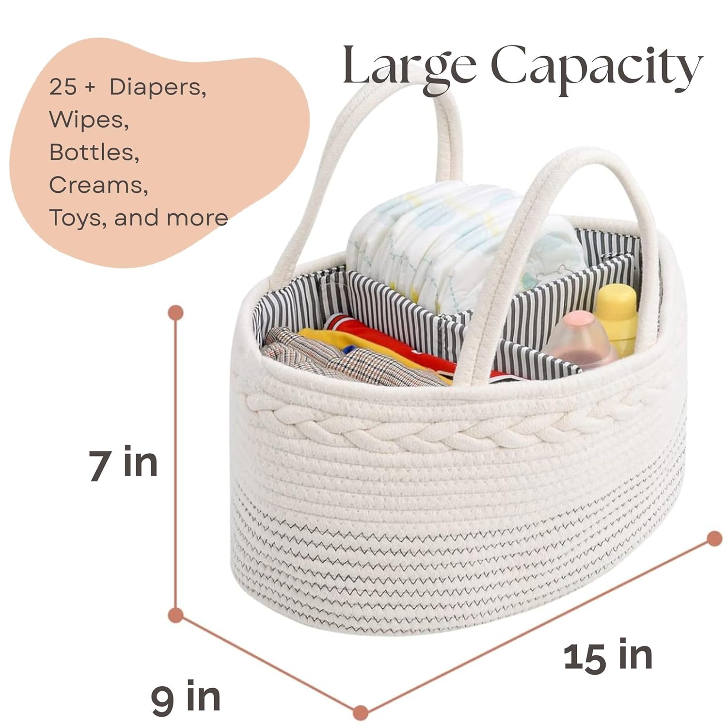 Skiennix Diaper Caddy Organizer - Large Cotton Rope Baby Basket for Nursery & Changing Table (Off White)