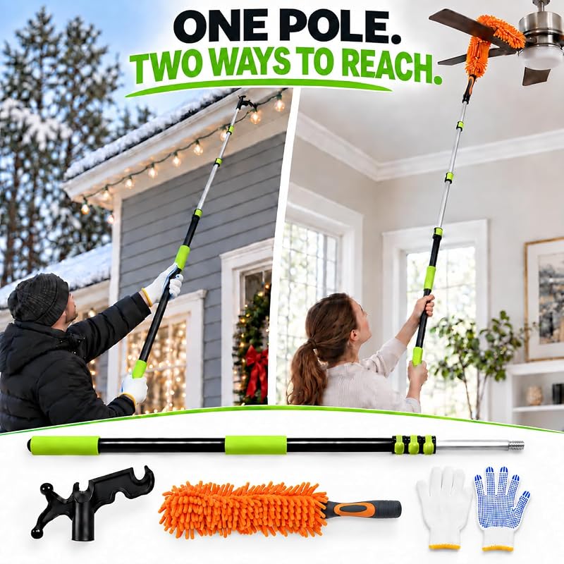 Telescoping Christmas Light Pole with Hook, Duster & Gloves 12 ft