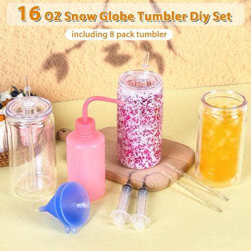 Maucircol 16 Oz Acrylic Snowglobe Tumbler Cup Supplies, 8 Pack Pre-Drilled Double Wall Plastic Snowglobe Tumbler Starter Kit Including Funnel Squeeze Bottle Funnel