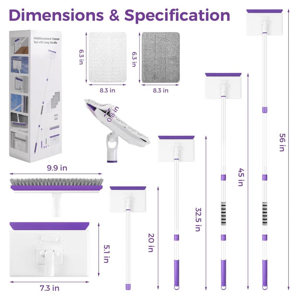 wlich Baseboard Cleaner Tool with Handle 2.0, 60" Extendable Long Handle, Dust Trapping and Locking, 5 Reusable Pads, Purple Base Boards Cleaning Tool for Moldings, Wall, Floor, Bathroom, Kitchen