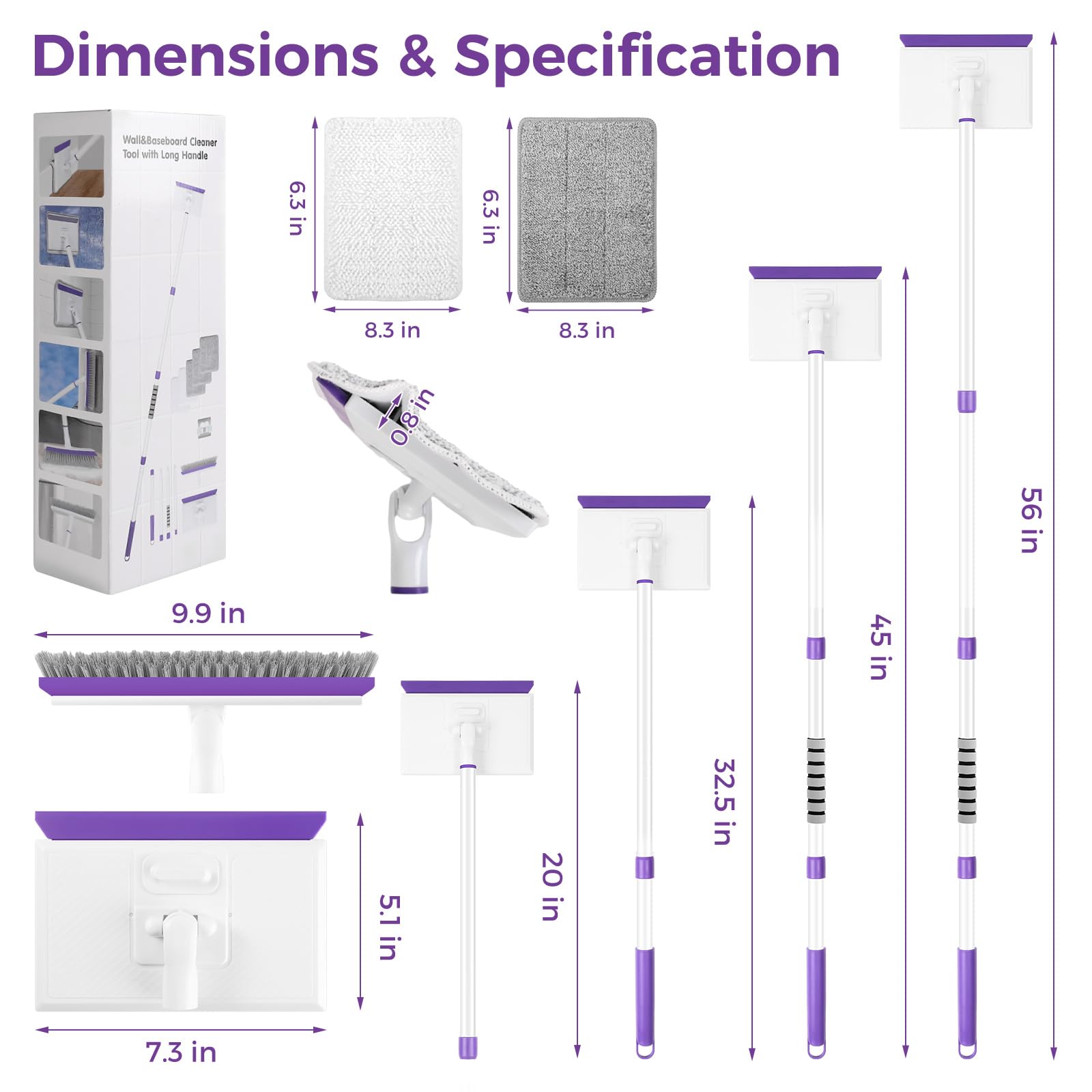 wlich Baseboard Cleaner Tool with Handle 2.0, 60" Extendable Long Handle, Dust Trapping and Locking, 5 Reusable Pads, Purple Base Boards Cleaning Tool for Moldings, Wall, Floor, Bathroom, Kitchen