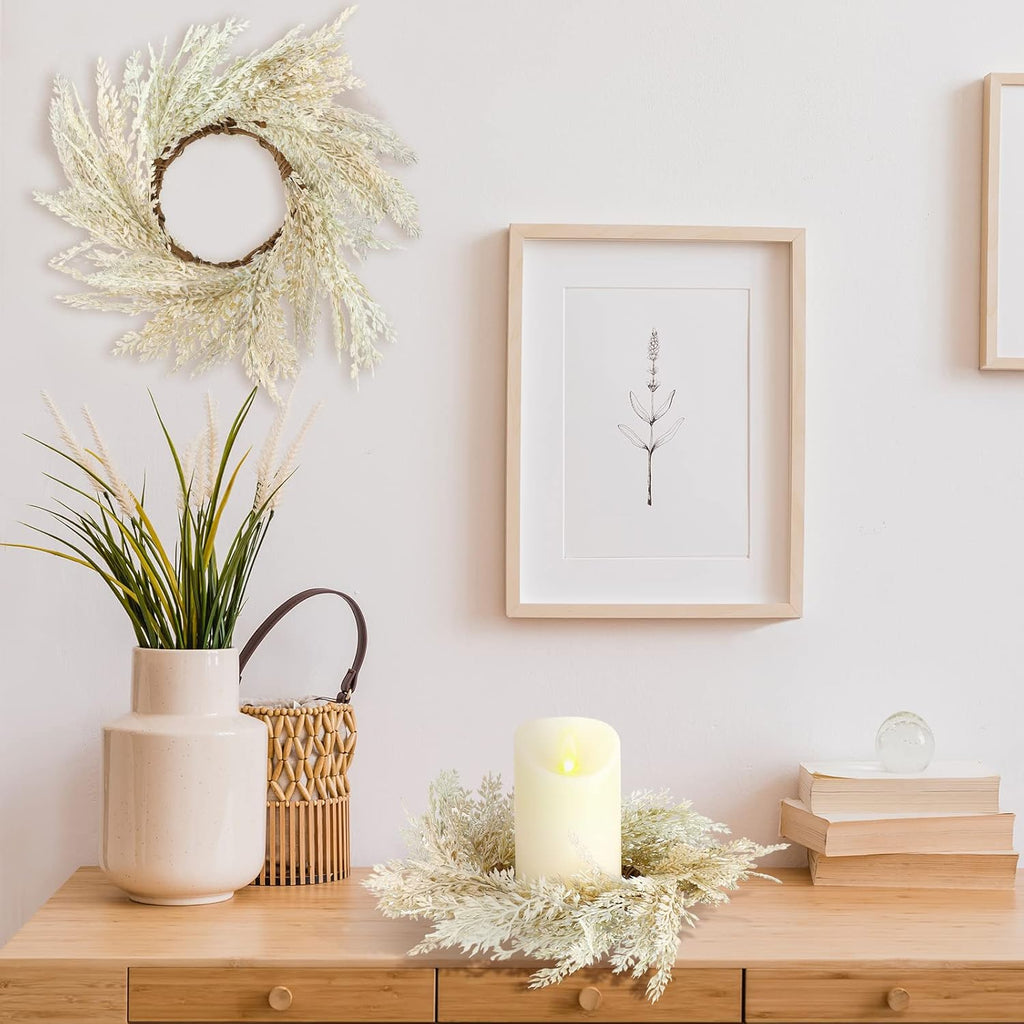 Panelee Pampas Grass Candle Rings - 4 Pcs Faux Greenery Wreaths for Boho Home Decor | 3.9 Inch Size