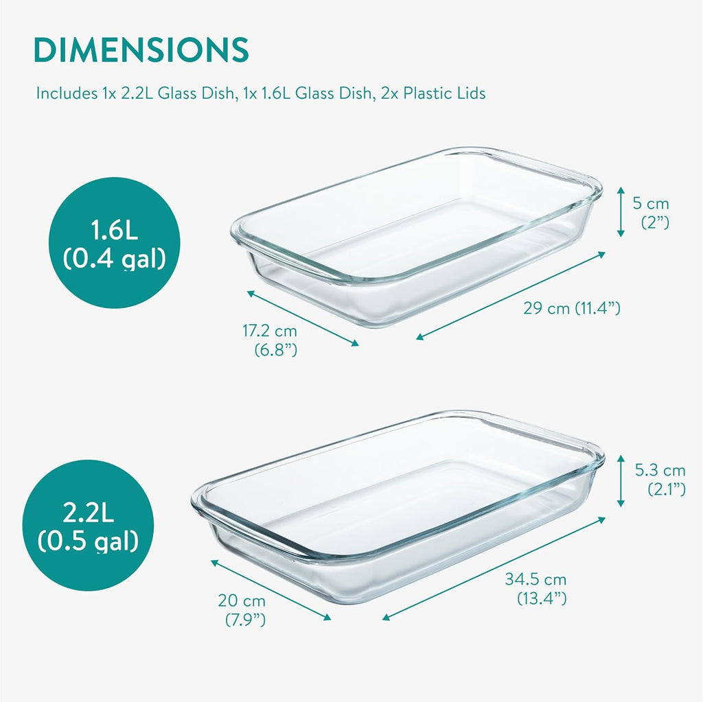 Navaris 4-Piece Glass Baking Dish Set - Rectangular Casserole Dishes with Lids | 1.7qt & 2.3qt Sizes