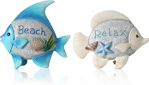 iStatue 2-Pack Resin Fish Figurines - Cute Coastal Nautical Decor for Home, 4.4'' Beach Theme