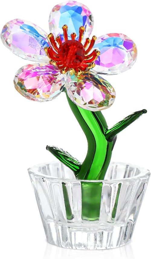 Crystal Peach Blossom Mini Ornament - Elegant Glass Flower Figurine for Home & Office Décor | 2.9 x 1.5 in