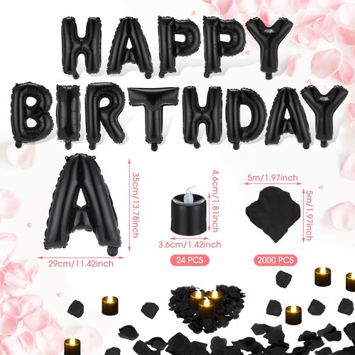 Charnoel Black Happy Birthday Balloons Decorations Happy Birthday Letter Balloons Banner Set with 24pcs Round Flameless LED Candles and 2000pcs Artificial Rose Petals for Women Men Room Party Decor