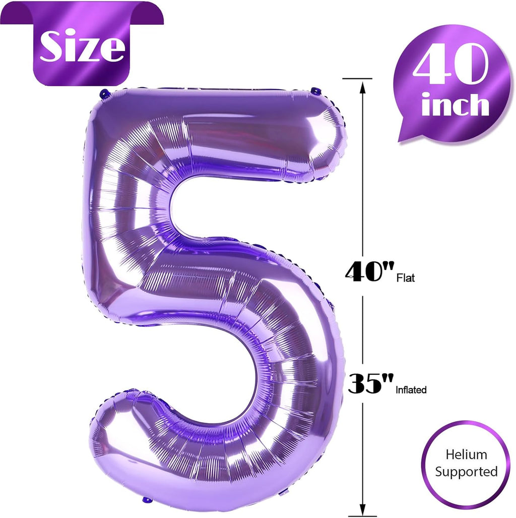 Purple Number 5 Balloon - 40 Inch Giant Foil Balloon for 5th Birthday Party Decorations
