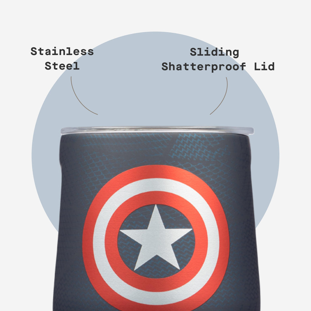 Corkcicle Stemless Insulated Wine Glass Tumbler - Keeps Beverages Cold 6 Hours & Hot 3 Hours - Stainless Steel - Easy-Grip - Summer Drinkware Gift - Keeps Drinks Ice Cold - 12 oz - Captain America