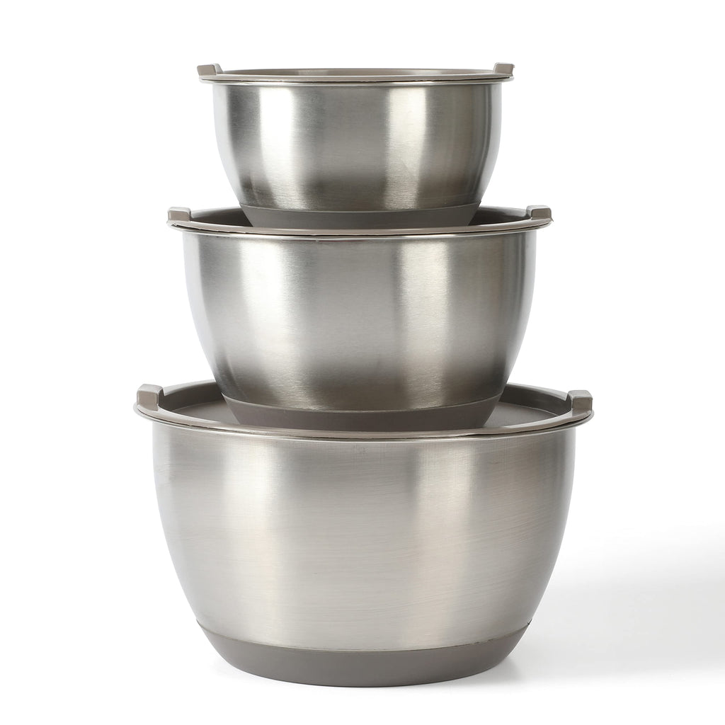 Martha Stewart Rhinewell Mirror Polish 6 Piece Stainless Steel Mixing Bowls with Lid and Non-Slip Base - Grey