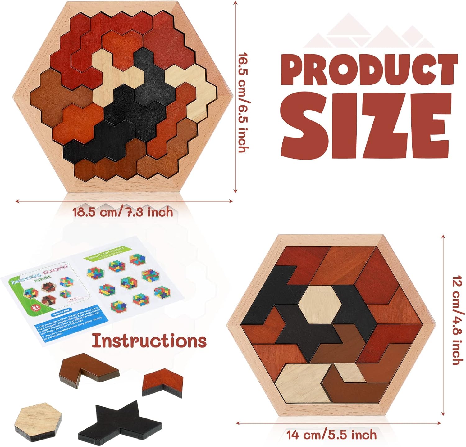 Yunsailing Large Hexagon Tangram Puzzle - 3 Pack Wooden Brain Teasers for Adults | Vintage Design