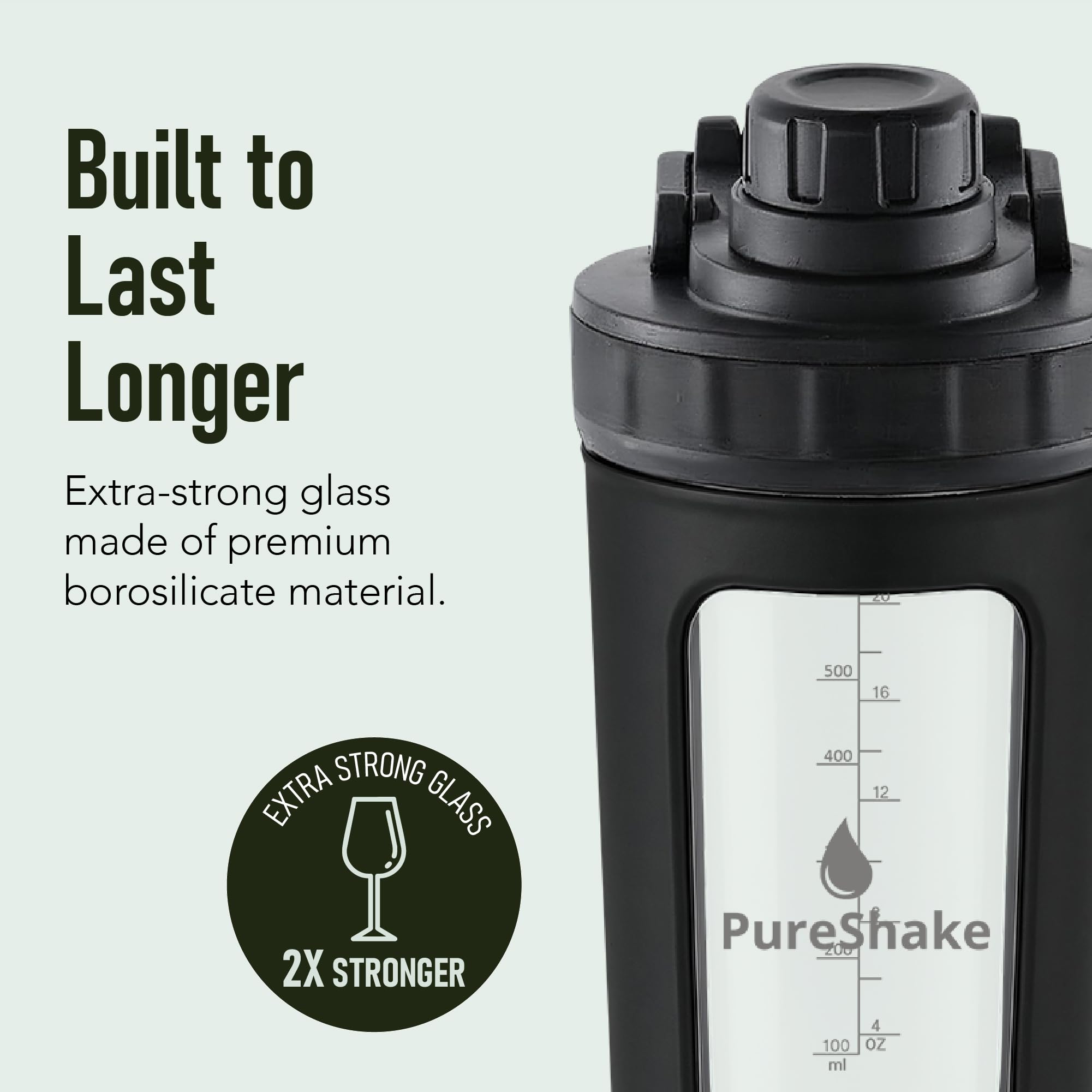 Paddi Glass Shaker Bottle for Protein - Odorless, BPA Free, Leak-Proof - 20 OZ | Graduated Ideal Fitness, Milkshake and Smoothies