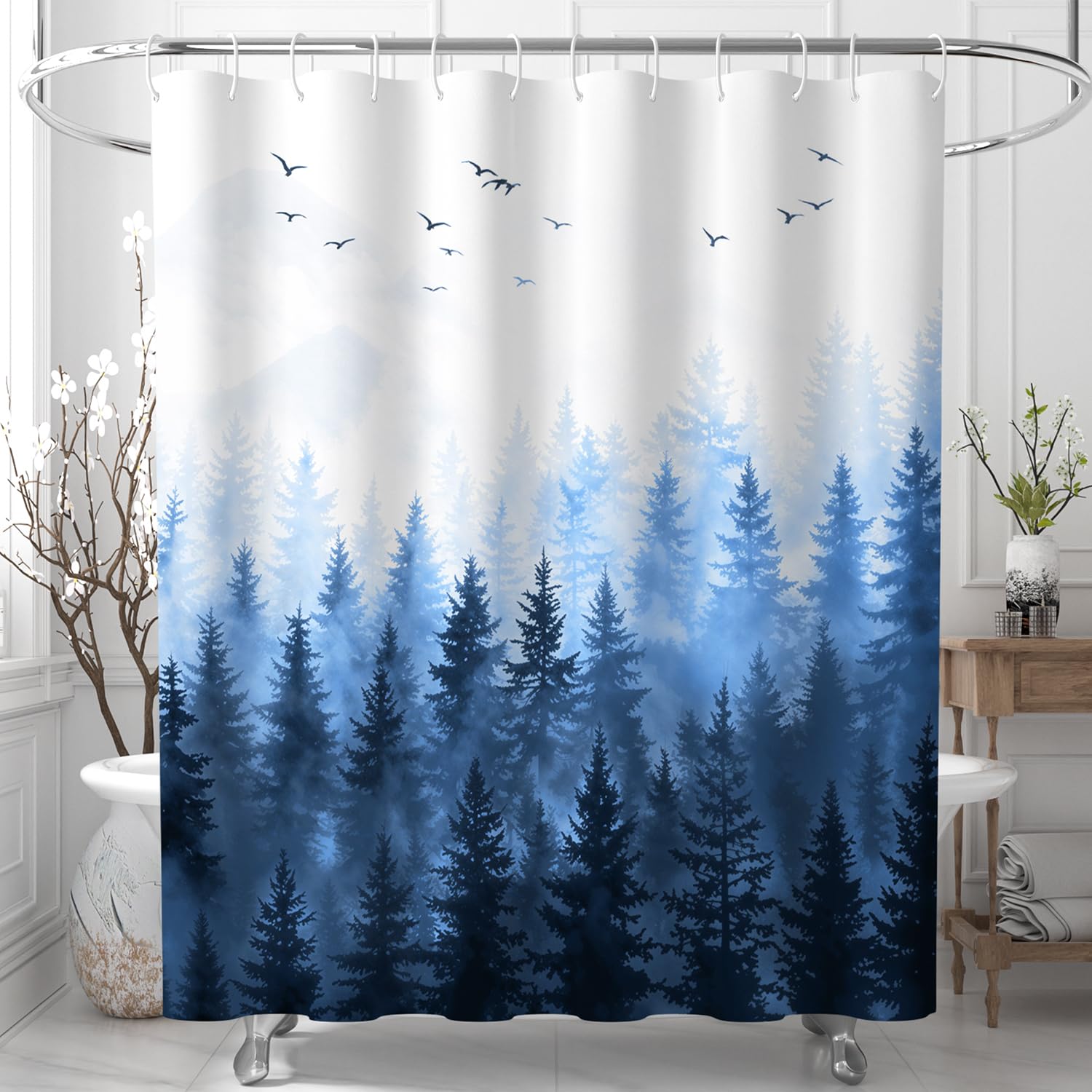 ChloropLastid Mountain Forest Shower Curtain Nature Blue Woodland Foggy Tree Mountain Waterproof Fabric Bath Curtain Decorative Pine Tree Fog Magic Bath Curtains for Home 72x72 inch