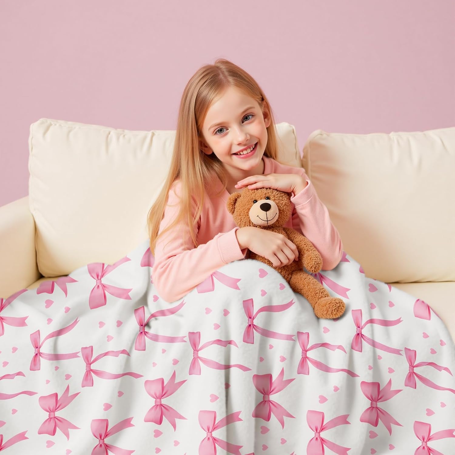 Wajade Pink Bow Blanket for Girls Kids- Pink Bow Blanket Gifts for Girls Women Birthday for Kids Teens Child Toddler Throw 50"x60"