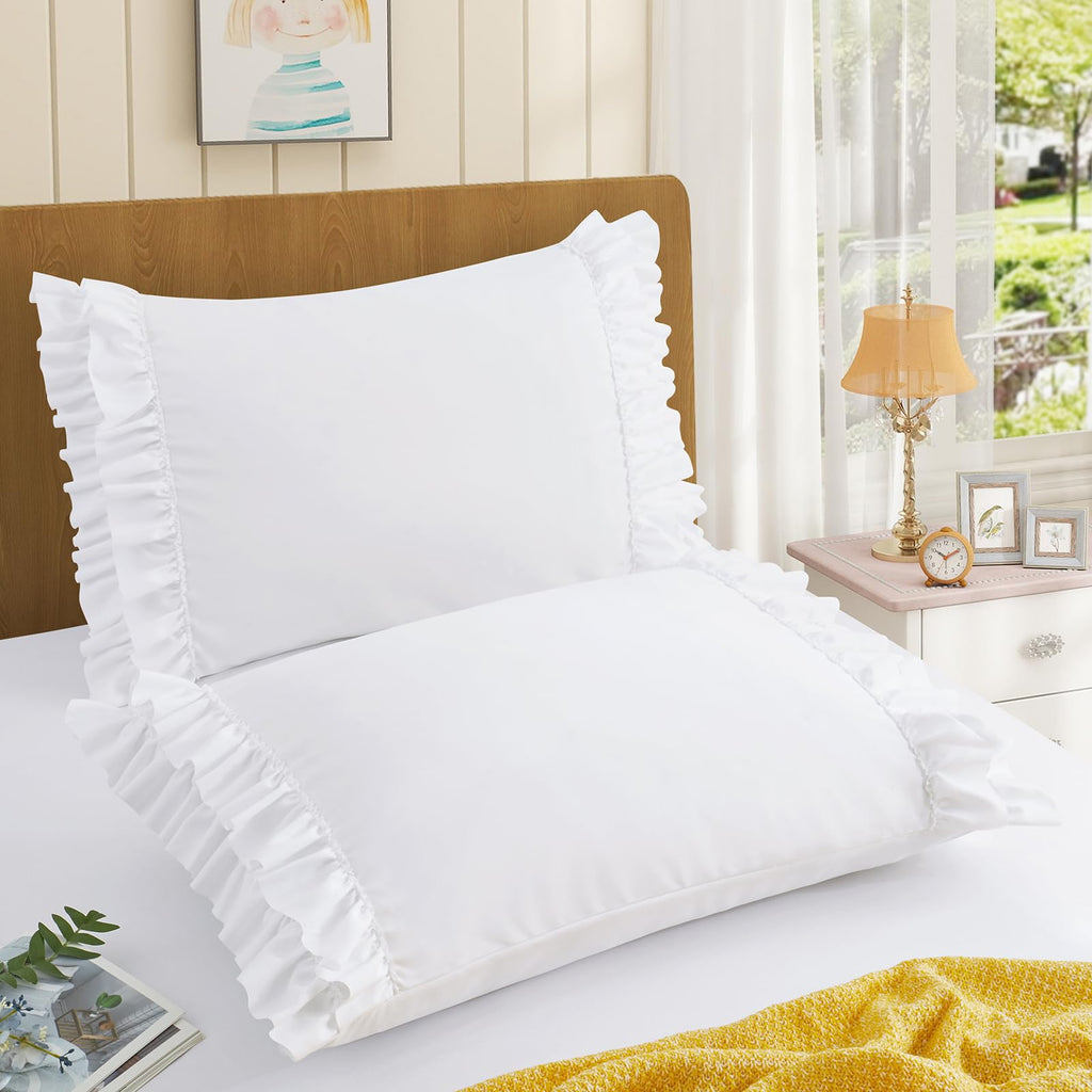 RUDONG M Ruffled Pillow Cases Set of 2, Standard Microfiber Pillowcases, Decorative Ruffle Pillow Covers with Envelope Closure, 20x26 Inches White Boho Pillow Shams