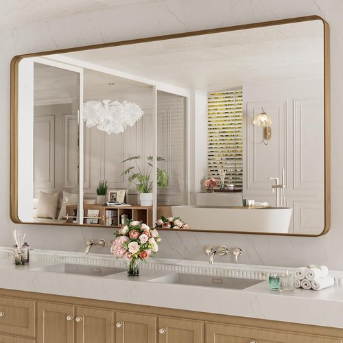 LOAAO Bathroom Mirror - 77x36 Inch Rounded Rectangle with Wood Grain Metal Frame | Anti-Rust, Versatile Hanging Options