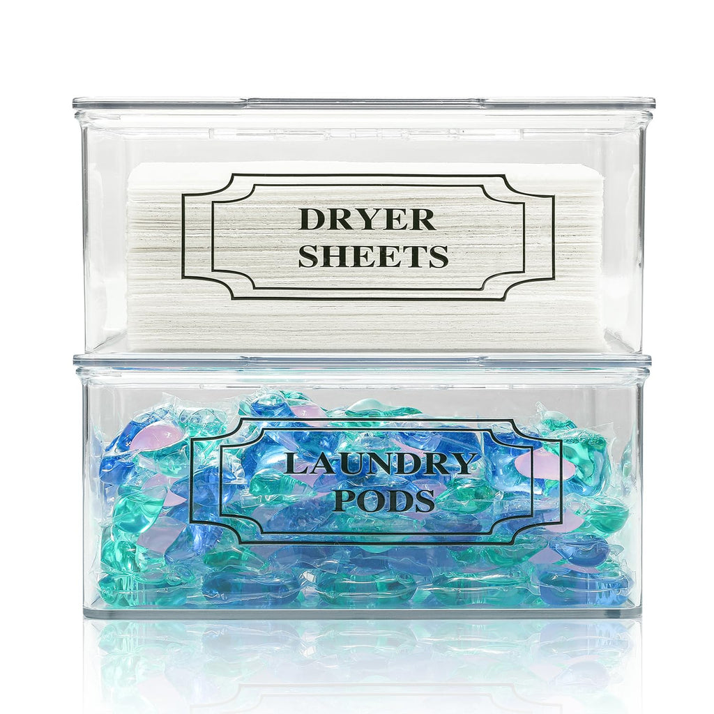SSTATES Clear Acrylic Dryer Sheets Holder, Flip-top Laundry Pods Container with 2 Label Decals for Laundry Room Organization and Décor, Stackable Storage Box (2 Pack)