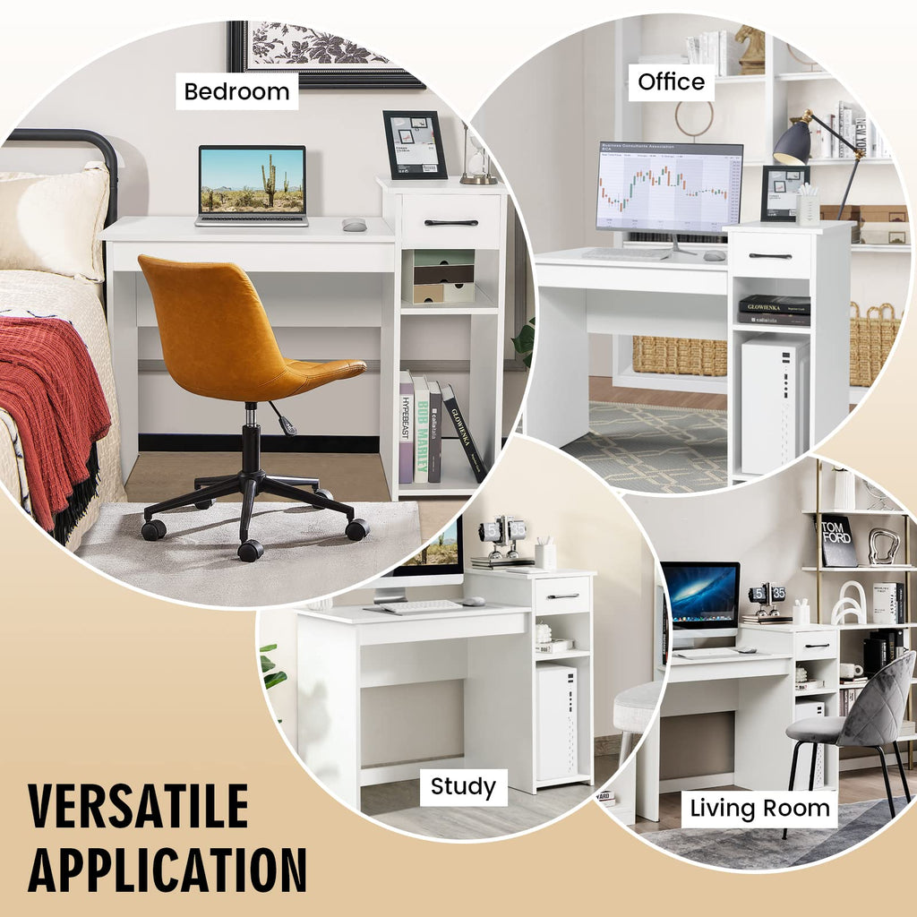 COSTWAY Computer Desk, 40 inch Laptop PC Gaming Table with Drawer, Monitor Stand & Storage Shelf, Modern Simple Study Writing Table for Home & Office, Easy Assembly, White
