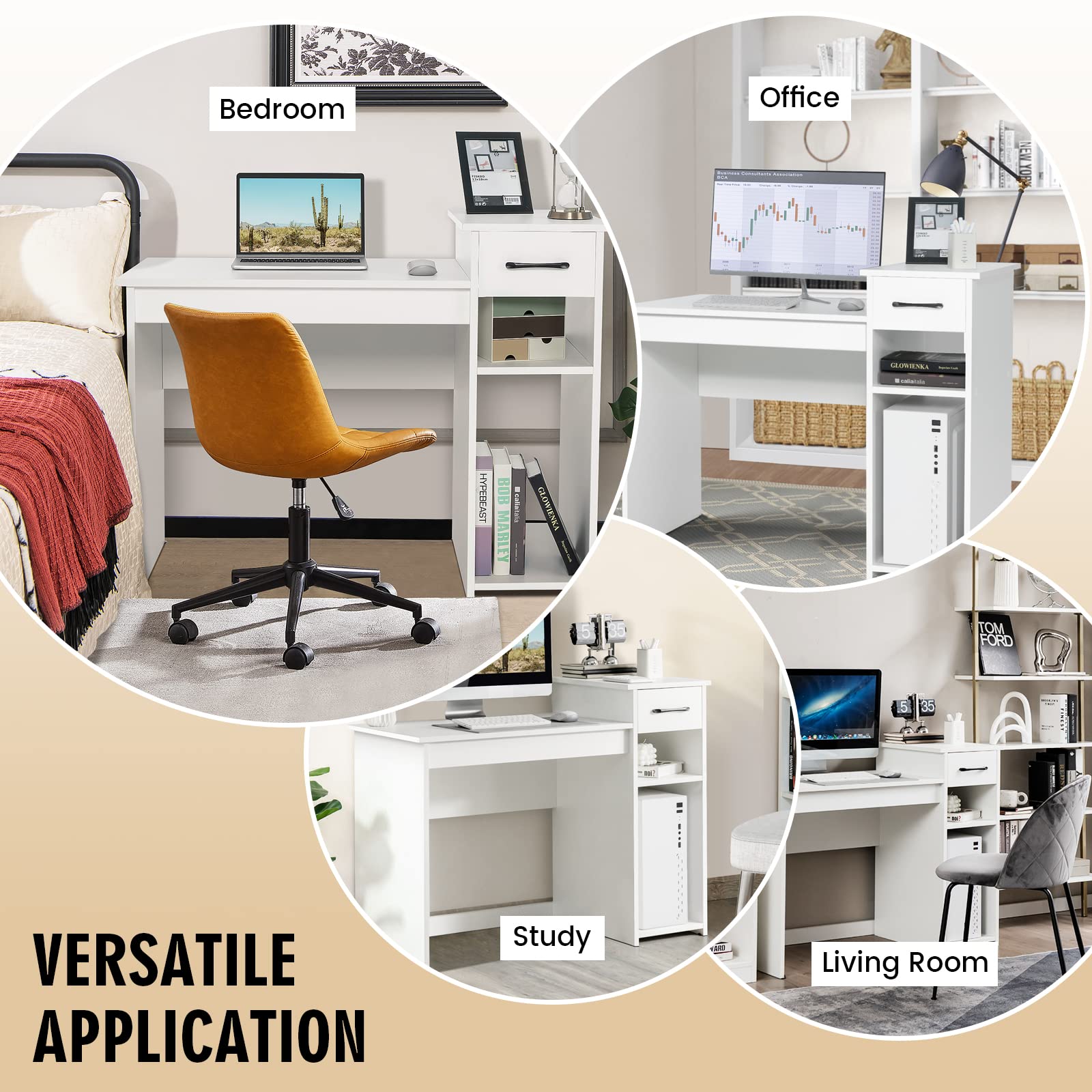 COSTWAY Computer Desk, 40 inch Laptop PC Gaming Table with Drawer, Monitor Stand & Storage Shelf, Modern Simple Study Writing Table for Home & Office, Easy Assembly, White