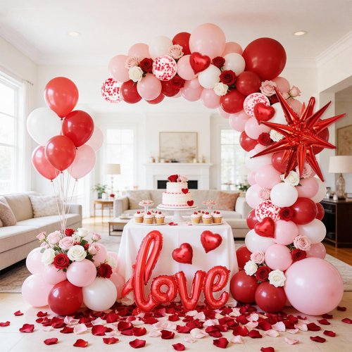 ESAG Valentines Day Balloon Arch Kit, Pink Red White Balloon Garland with 32" LOVE/ 22"Explosion Star/ 5" Heart Foil Balloon for Galentines Mothers Day Wedding Engagement Anniversary Party Decorations