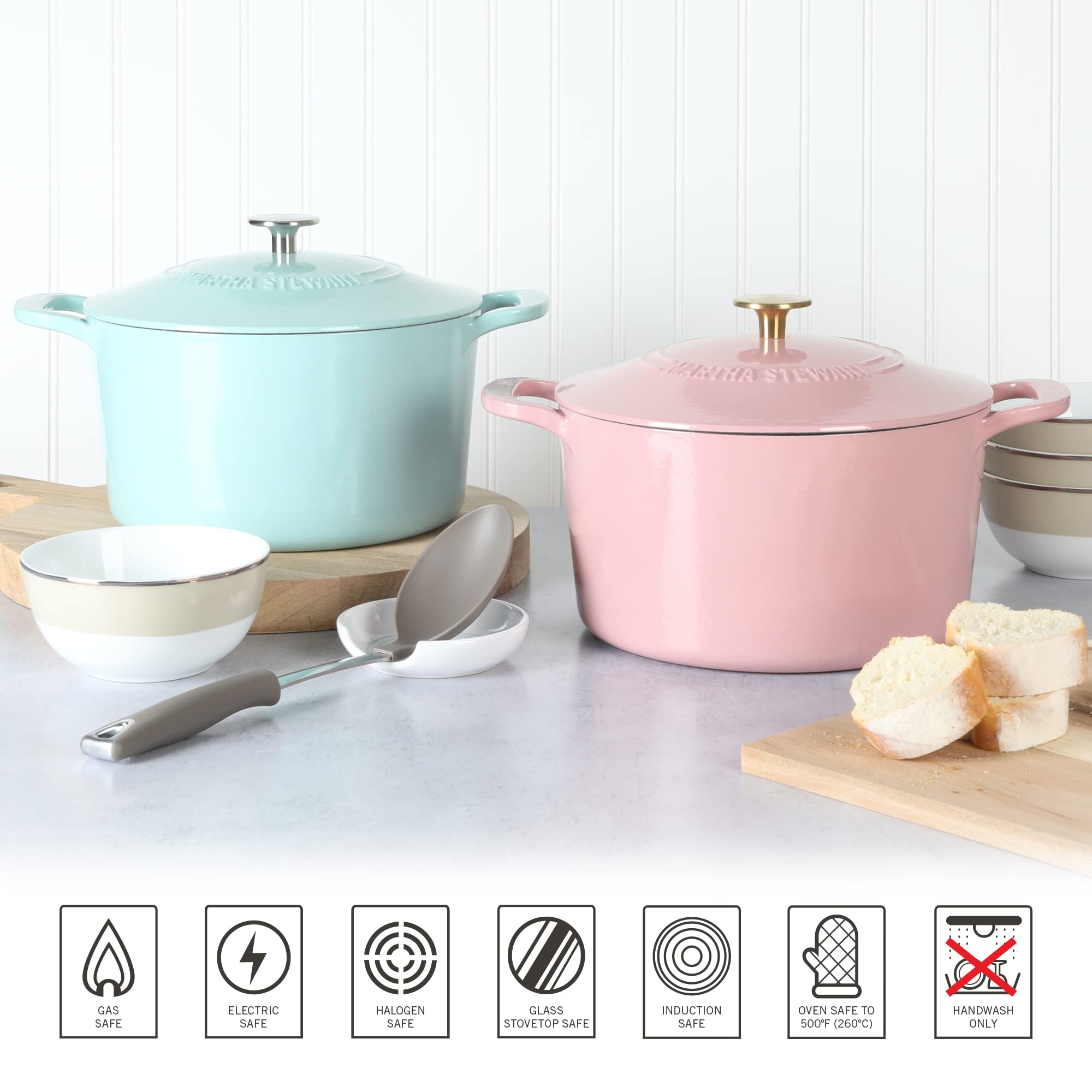 MARTHA STEWART Gatwick 7-Quart Enamel Cast Iron Dutch Oven – Martha Blue – Durable Heavy-Duty Dutch Oven for Slow Cooking, Braising & Baking