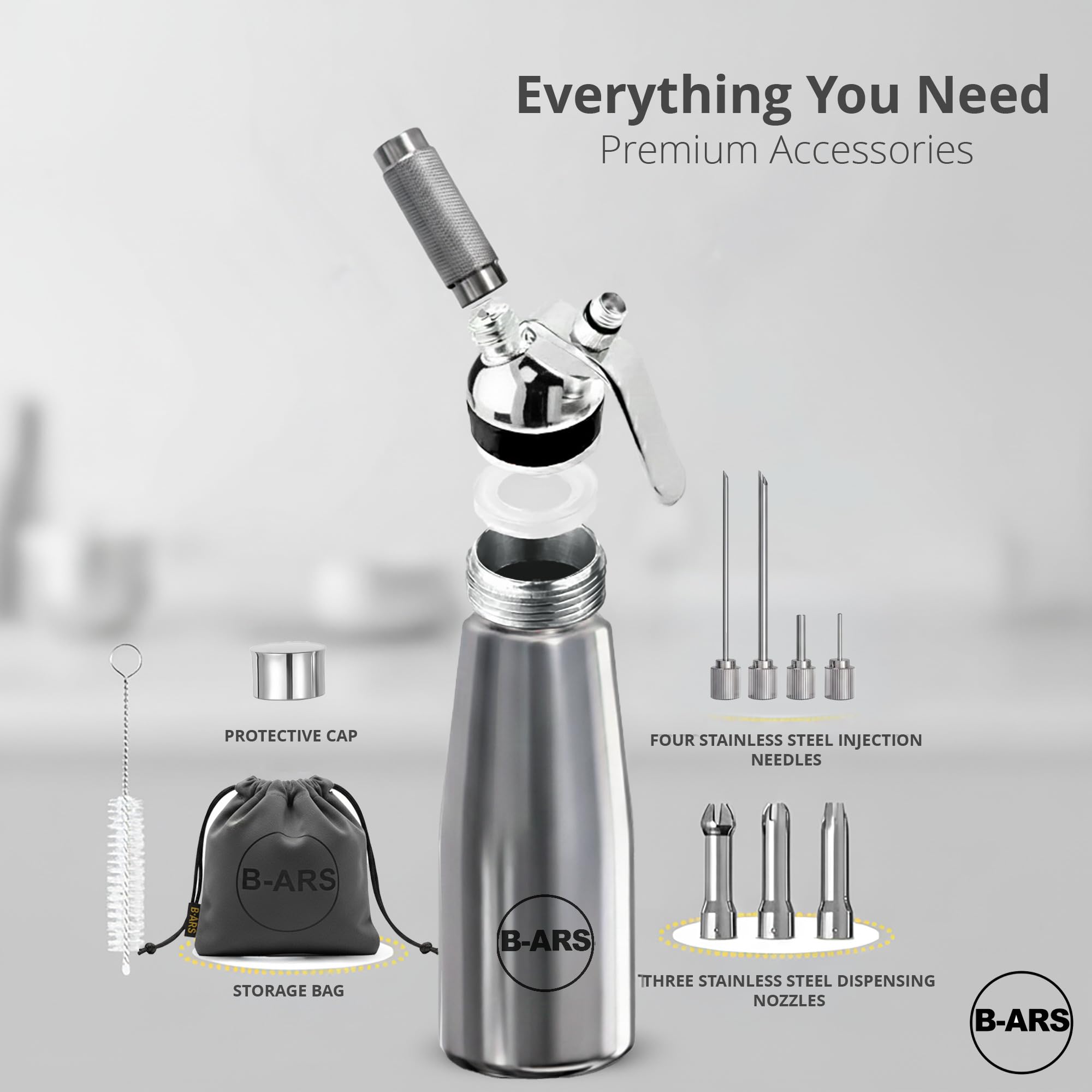 B-ARS Stainless Steel Whipped Cream Dispenser 500 ml Professional Siphon for Fresh Desserts Coffee Mousse Sauce with Nozzles Brush Recipe eBook Reusable Cream Maker for Barista Catering and Chefs Tool